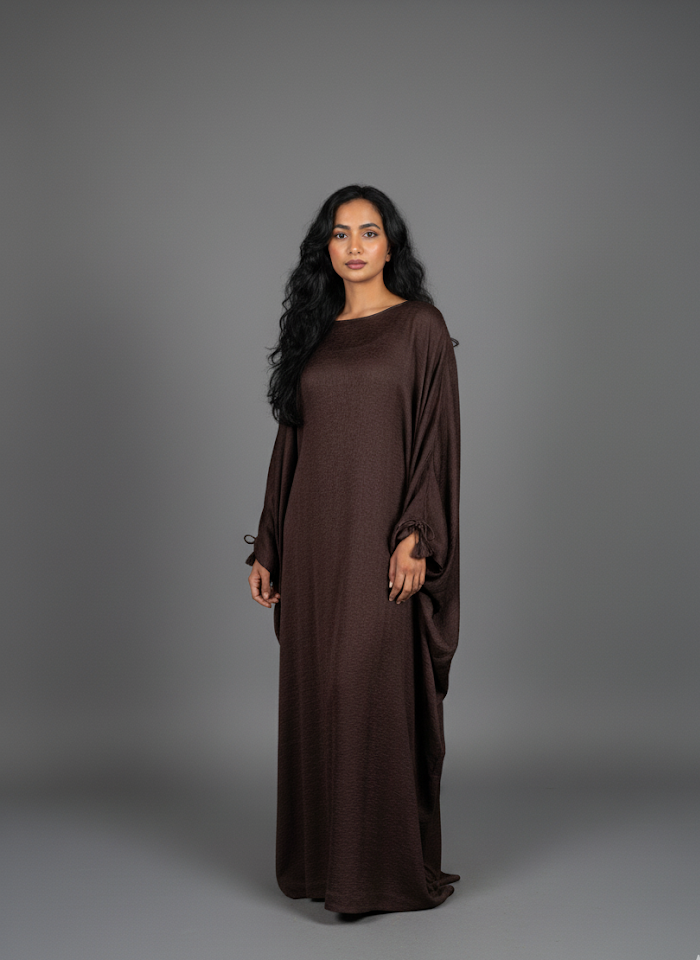 Woman wearing a brown long abaya against a gray background
